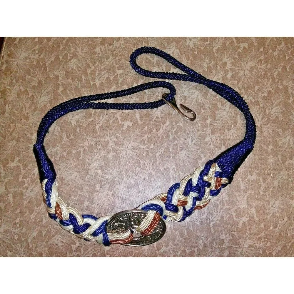 Womens Braided rope belt M/L Vintage Blue brown ivory, Silver ornate buckle Boho